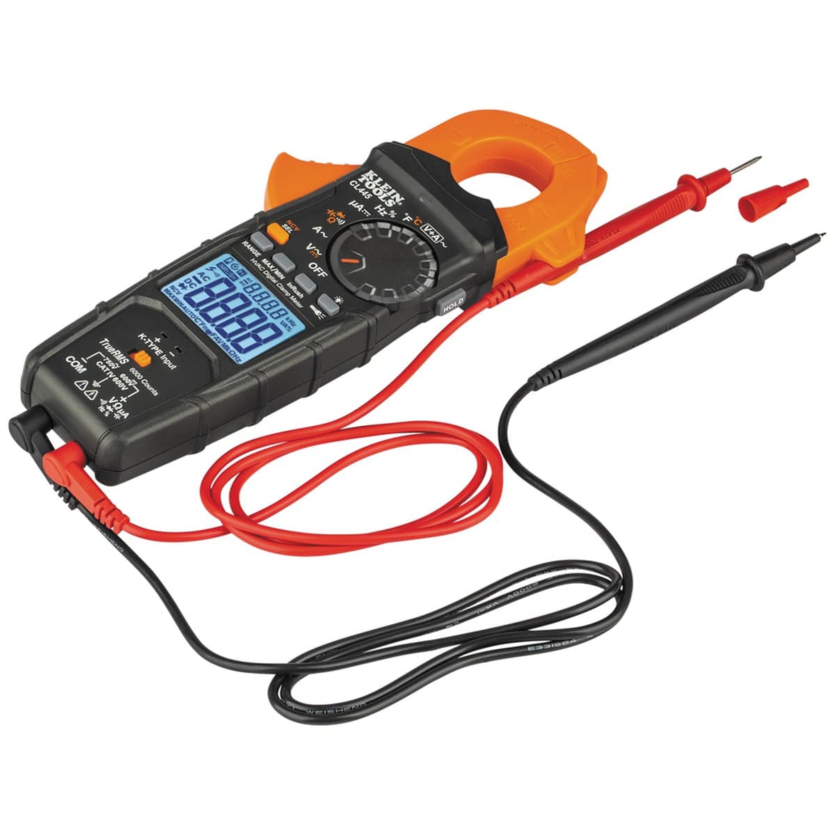A technical marketing graphic listing the contents of the CL445 HVAC meter kit. The image identifies the inclusion of the clamp meter, right-angle input test leads, push-on alligator clips, a K-type thermocouple for temperature measurements, three AAA batteries, and a professional storage pouch.