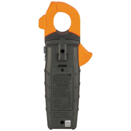 A studio kit shot of the Klein Tools CL445 system. The comprehensive package includes the TRMS digital clamp meter, safety-rated test leads, insulated alligator clips, a temperature probe, batteries, and a heavy-duty black and orange zippered carrying case.
