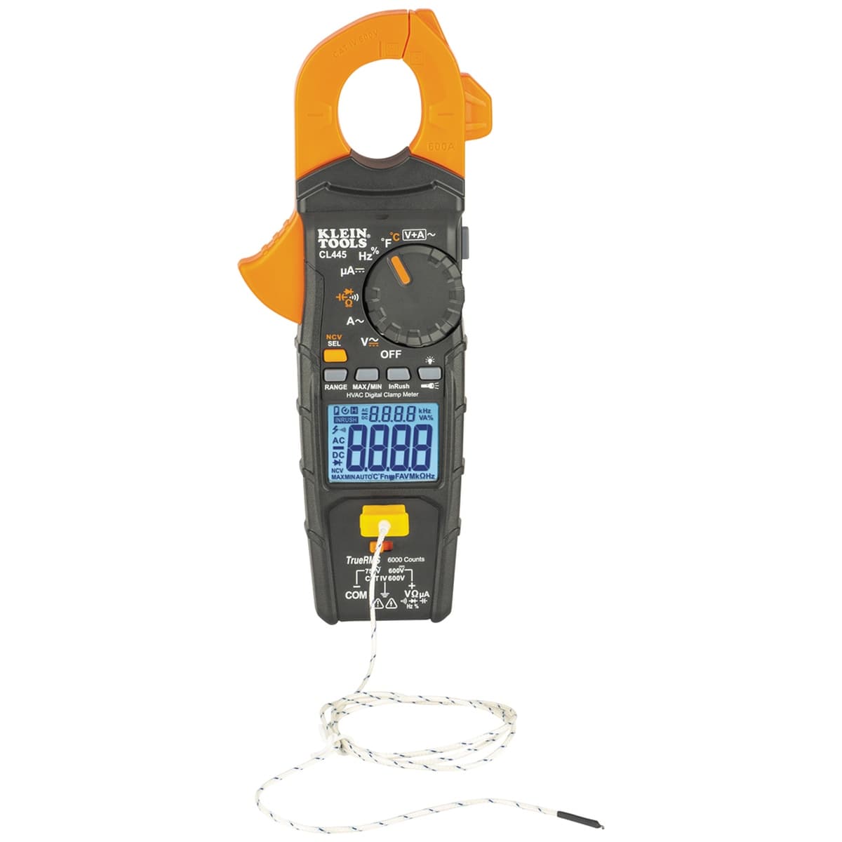 A direct front view of the CL445 tester highlighting the rotary dial positions. The interface shows specialized settings for AC/DC voltage, resistance, continuity, capacitance, frequency, and the HVAC-essential DC microamp mode for testing ignition systems.