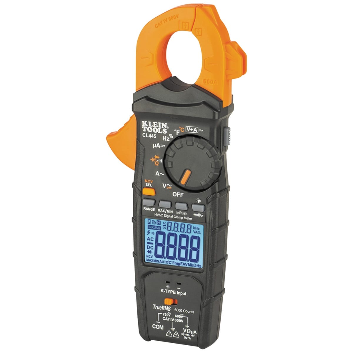 A back view of the Klein Tools CL445 highlighting the rugged industrial polymer construction. The image displays the printed safety warnings, the secure screw-down battery compartment, and the magnetic hanger slot used for hands-free diagnostic work.