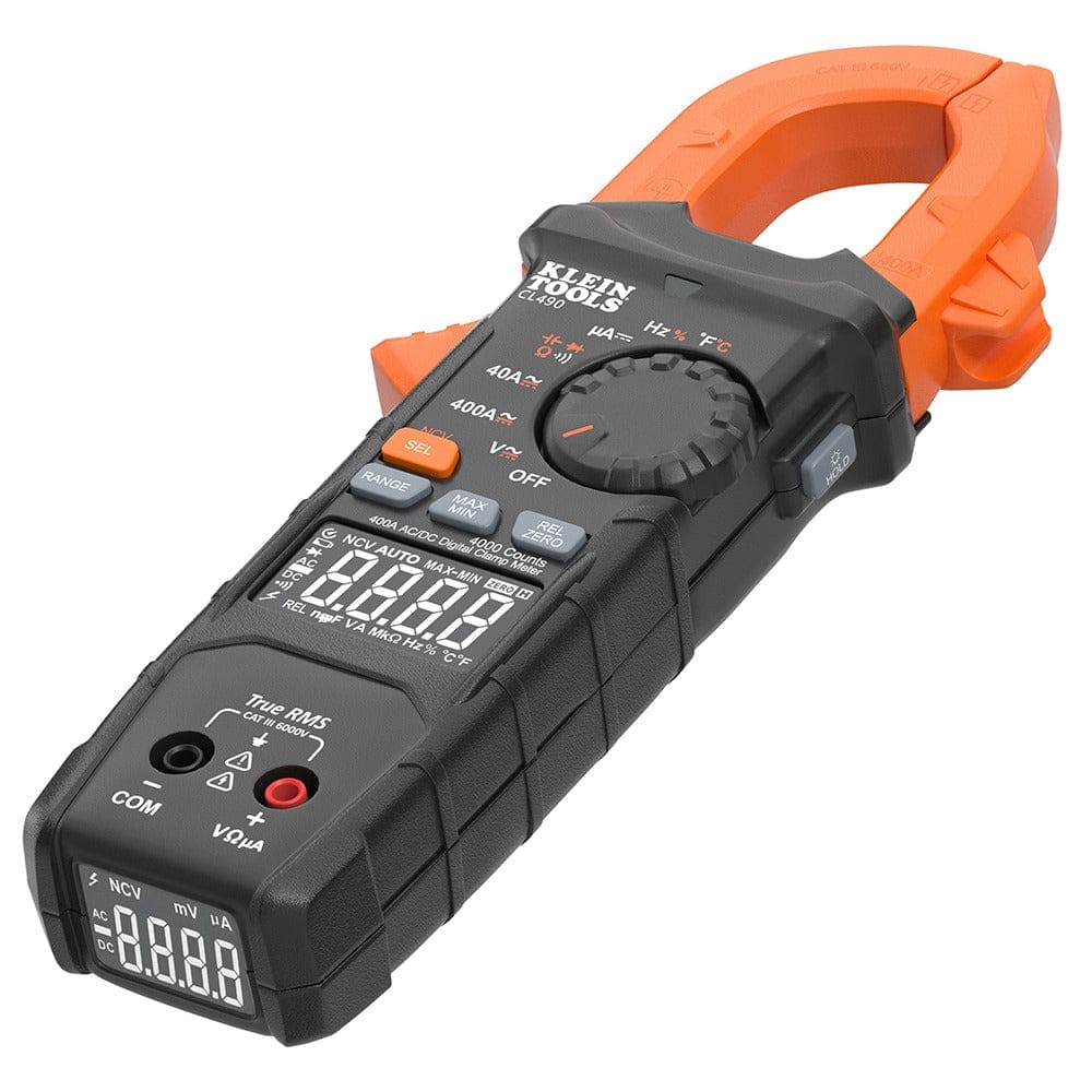 A studio shot of the Klein Tools CL490 digital clamp meter featuring an orange clamp jaw, black body with rubberized grip, rotary dial, function buttons, and dual reverse contrast displays.