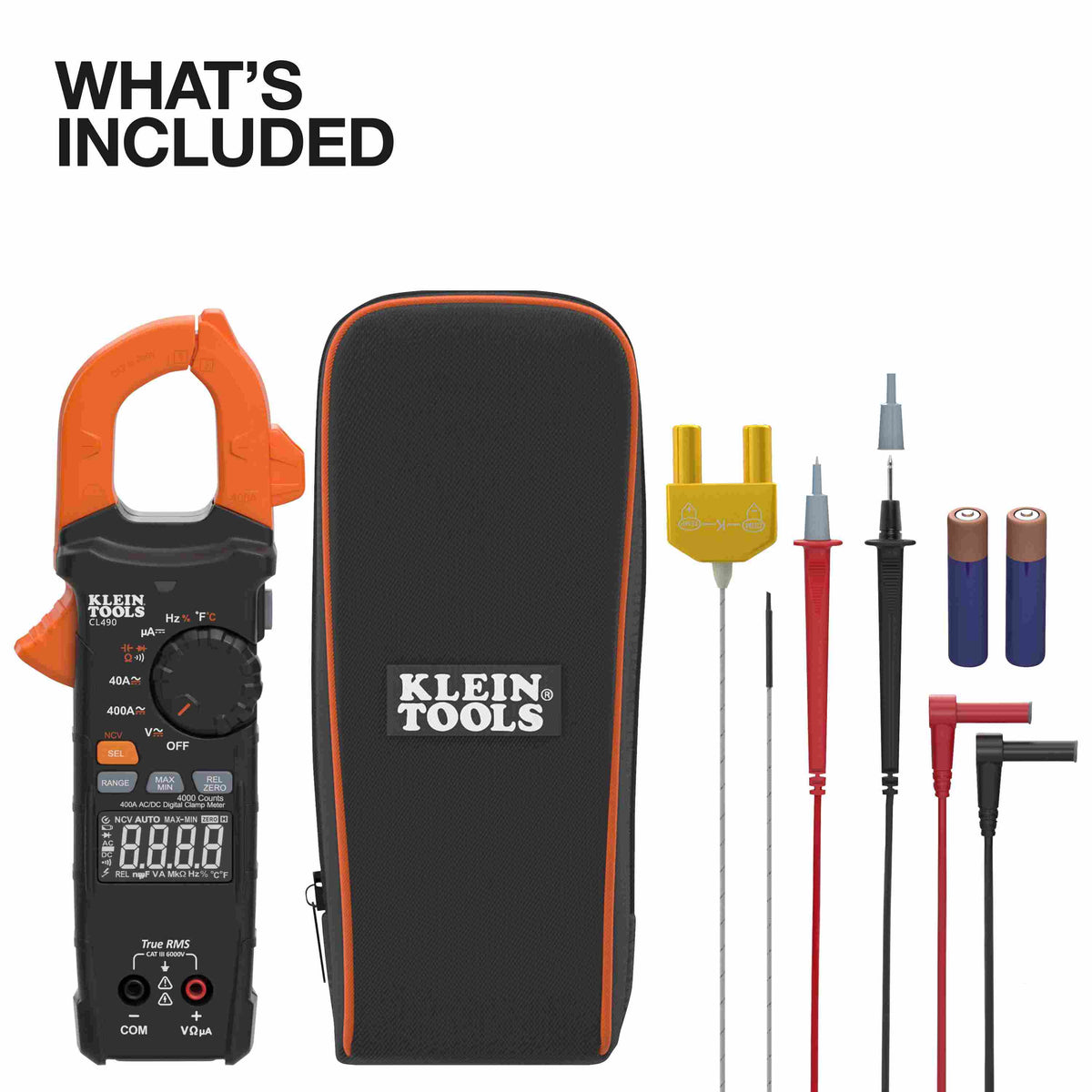 The What's Included collection showing the CL490 clamp meter, a black storage pouch with orange trim, a K-type thermocouple, red and black test leads, and two AAA batteries.