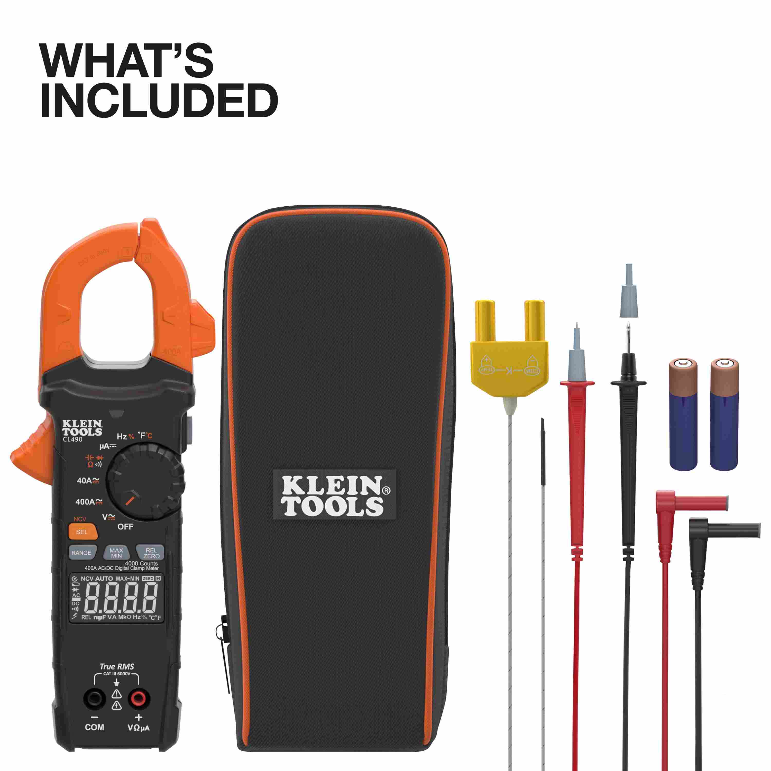 The What's Included collection showing the CL490 clamp meter, a black storage pouch with orange trim, a K-type thermocouple, red and black test leads, and two AAA batteries.