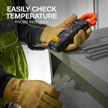 An HVAC technician using the meter with the included temperature probe to measure a metal duct, showing a reading of 64 degrees Fahrenheit on both screens.