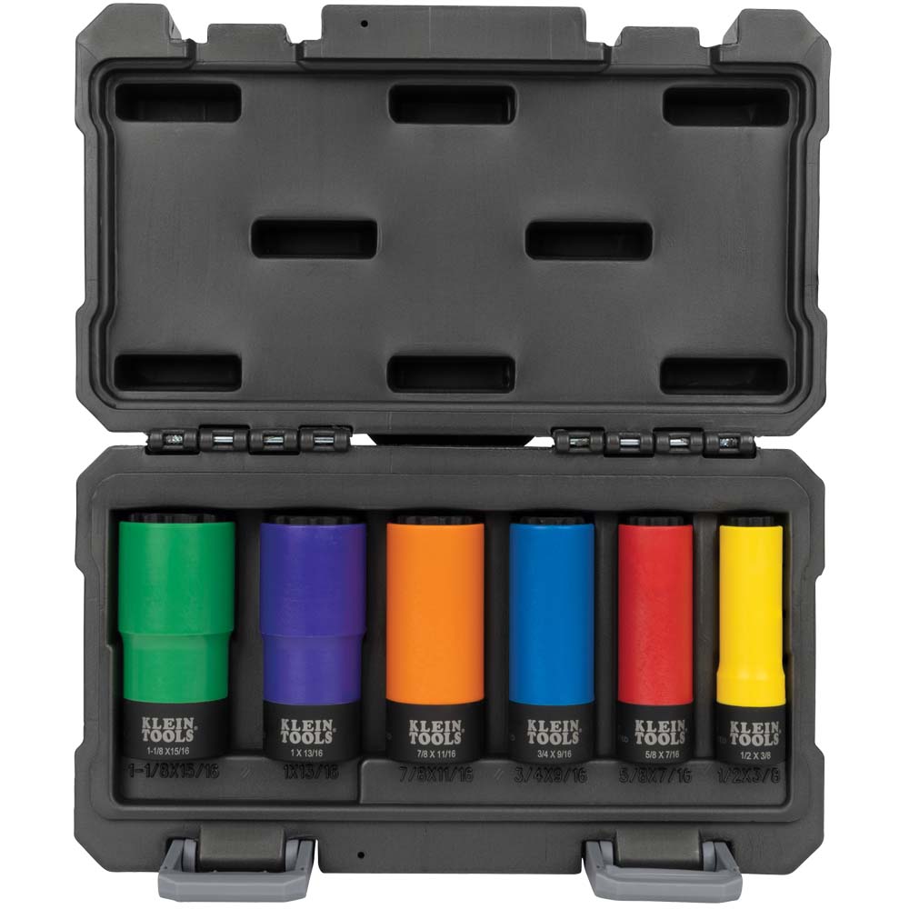 Open molded carrying case displaying the Klein 66033 set with six color-coded coated 12-point impact sockets from 3/8 to 1-1/8 inches.