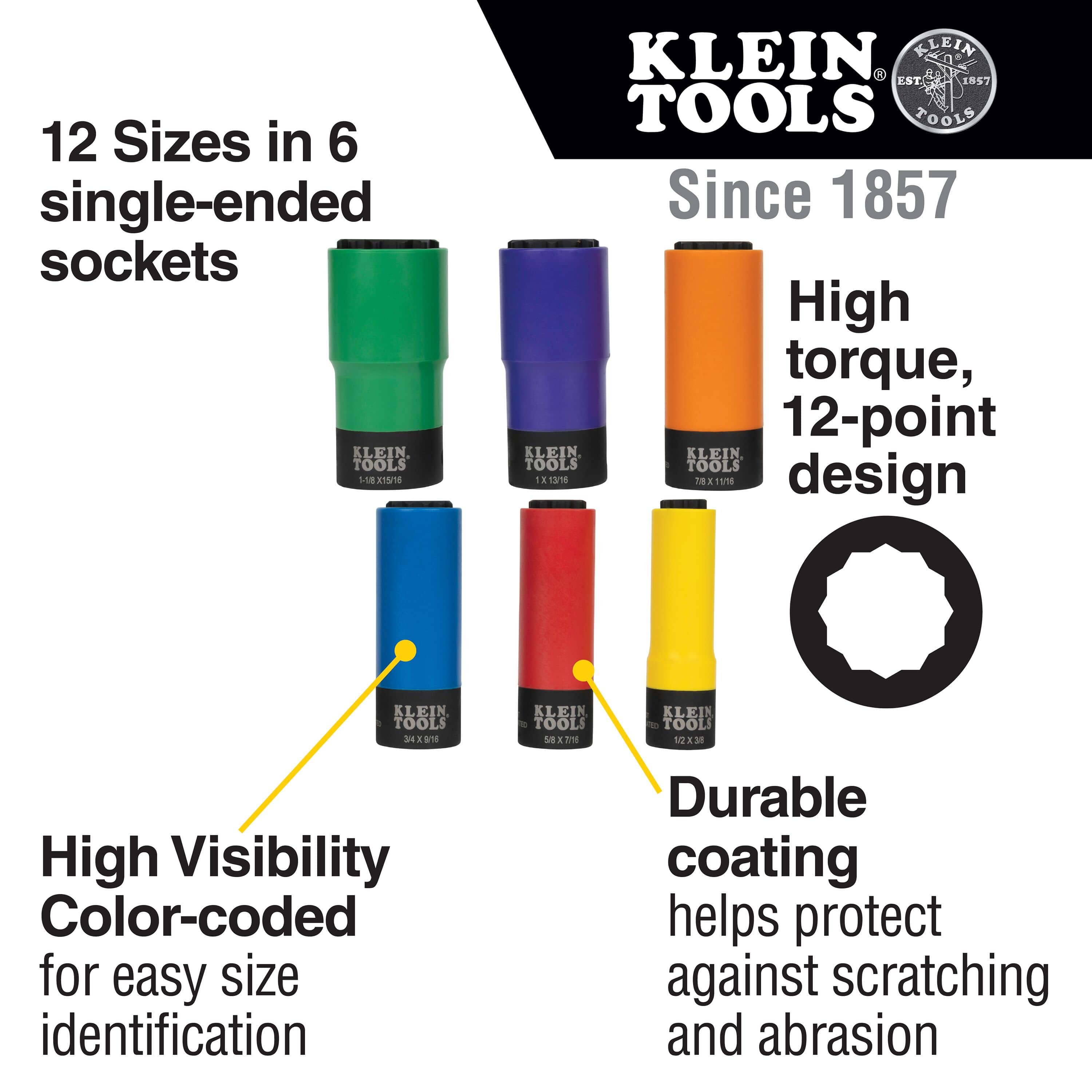 Diagram detailing 12 SAE sizes across 6 single-ended sockets, high-visibility protective plastic coatings, and 12-point high-torque design.