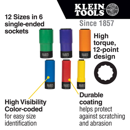 Diagram detailing 12 SAE sizes across 6 single-ended sockets, high-visibility protective plastic coatings, and 12-point high-torque design.