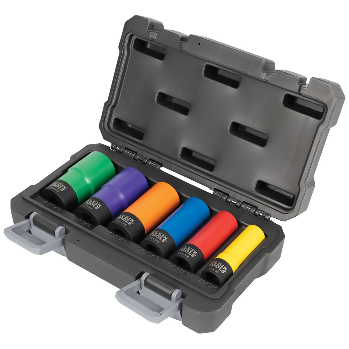 Perspective view of six Klein plastic-coated impact sockets stored in a molded hard-shell case to highlight size organization.