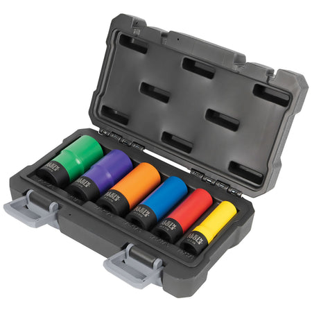 Perspective view of six Klein plastic-coated impact sockets stored in a molded hard-shell case to highlight size organization.