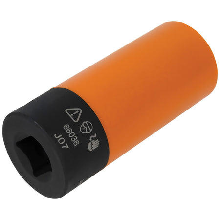 Orange-coated Klein 7/8 x 11/16-inch 12-point impact socket displaying its 1/2-inch square drive base and protective plastic coating.