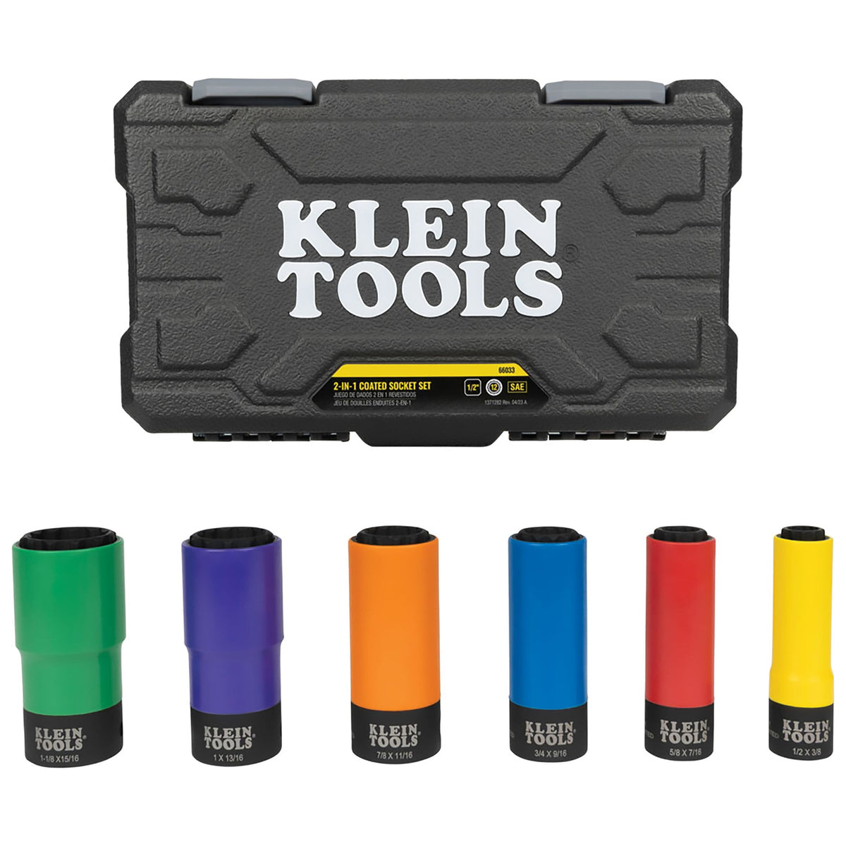 Closed Klein storage case positioned above six color-coded coaxial sockets covering 12 SAE dimensions from 3/8 to 1-1/8 inch.