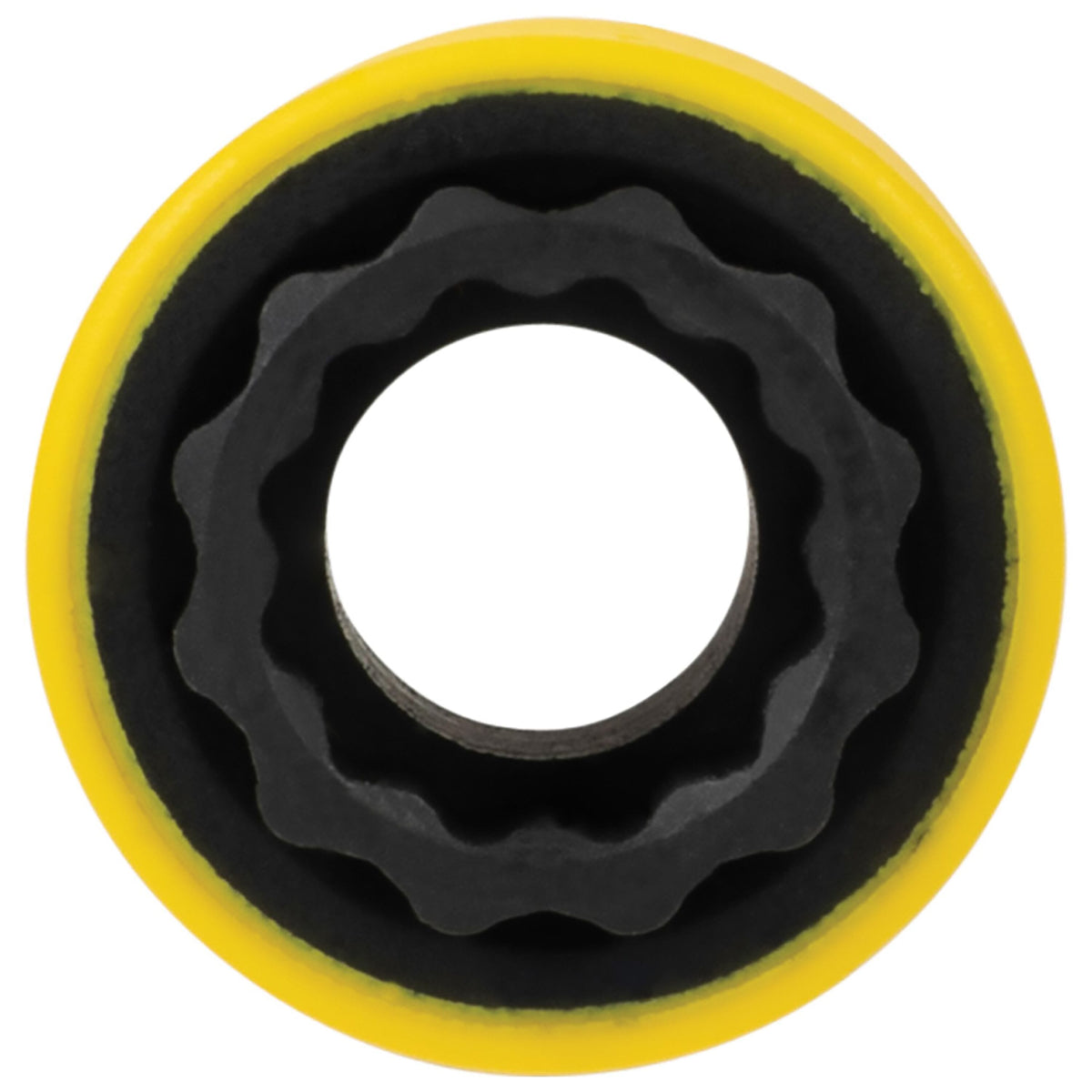 Direct top view looking into a yellow 12-point coated socket showing internal wall clearances for both square and hex nuts.