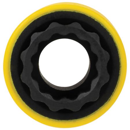 Direct top view looking into a yellow 12-point coated socket showing internal wall clearances for both square and hex nuts.