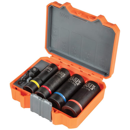 Open compact orange case displaying the Klein 66040 5-piece impact set with four coaxial spring-loaded sockets and a 1/4-inch hex adapter.