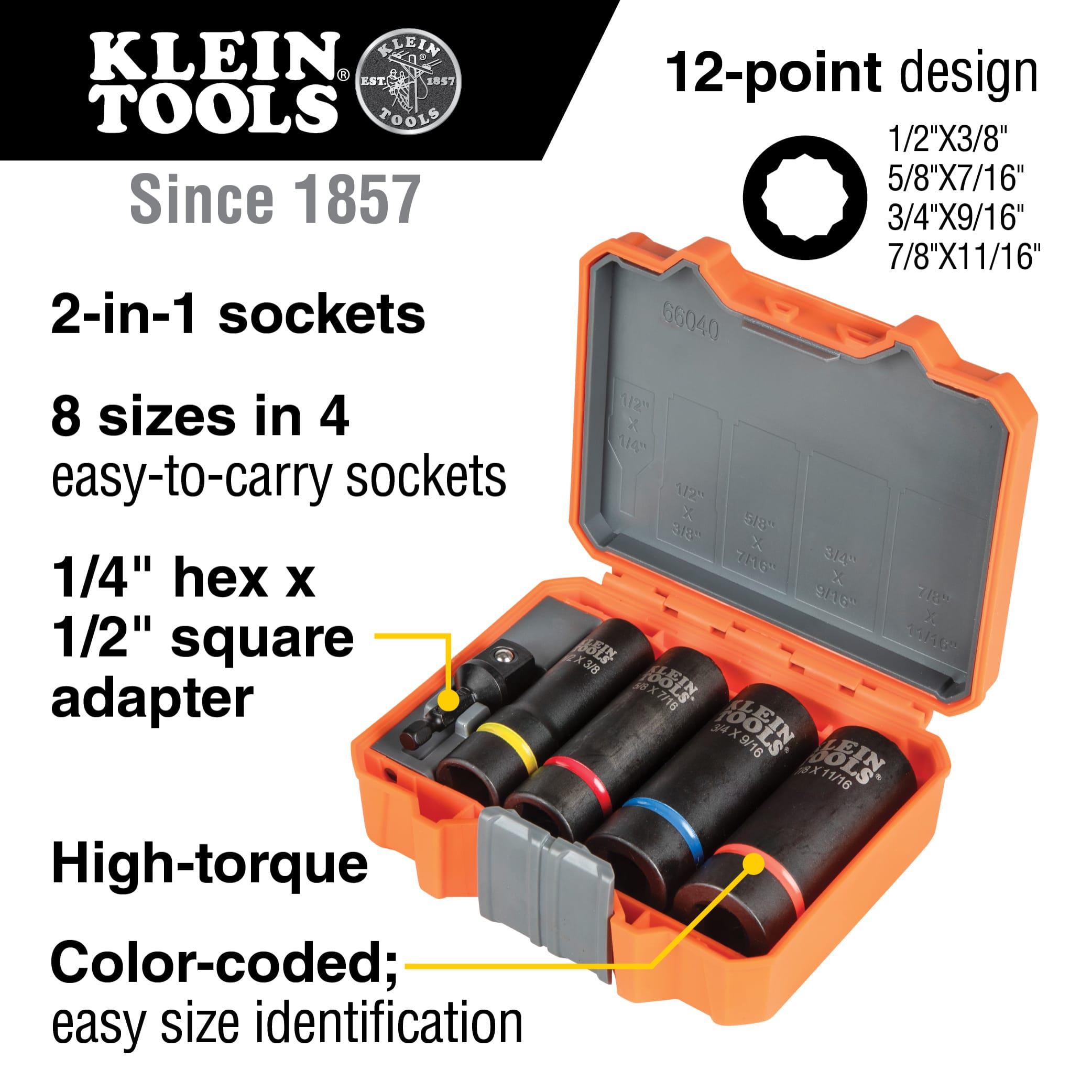 Diagram detailing 8 SAE socket sizes in 4 coaxial bodies, 12-point high-torque design, and 1/4-inch hex to 1/2-inch square drive conversion.