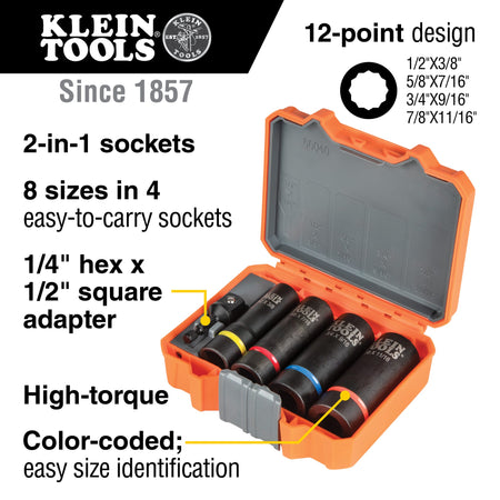 Diagram detailing 8 SAE socket sizes in 4 coaxial bodies, 12-point high-torque design, and 1/4-inch hex to 1/2-inch square drive conversion.