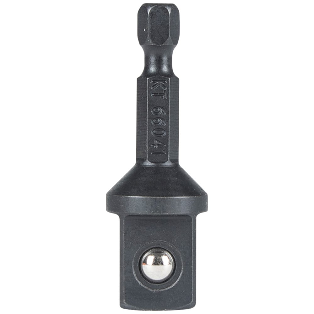 Close-up of the Klein 1/4-inch hex shank to 1/2-inch male square drive adapter with spring-loaded retention ball detent.