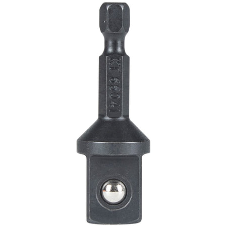 Close-up of the Klein 1/4-inch hex shank to 1/2-inch male square drive adapter with spring-loaded retention ball detent.