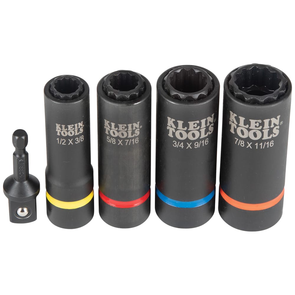 Four 12-point coaxial sockets and drive adapter lined up to display laser-etched SAE size callouts and color-coded identification bands.
