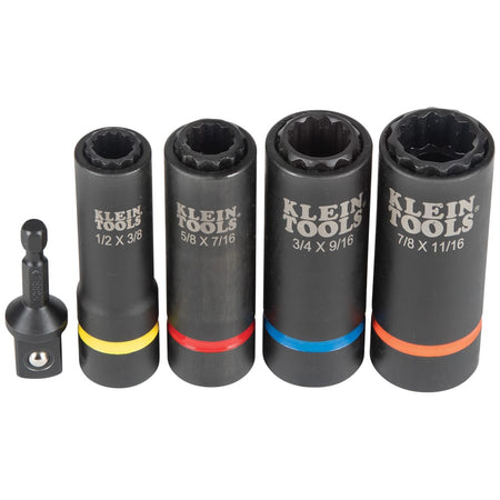 Four 12-point coaxial sockets and drive adapter lined up to display laser-etched SAE size callouts and color-coded identification bands.
