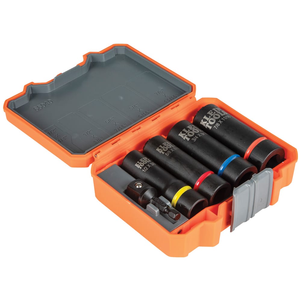 Perspective view of the open orange carrying case organizing four coaxial sockets and the 1/2-inch square drive impact adapter.