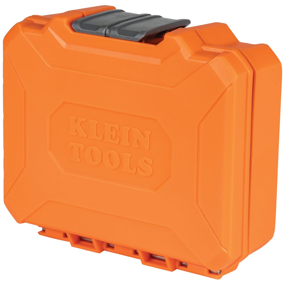 Closed heavy-duty orange storage case featuring embossed Klein Tools branding for jobsite organization and socket protection.