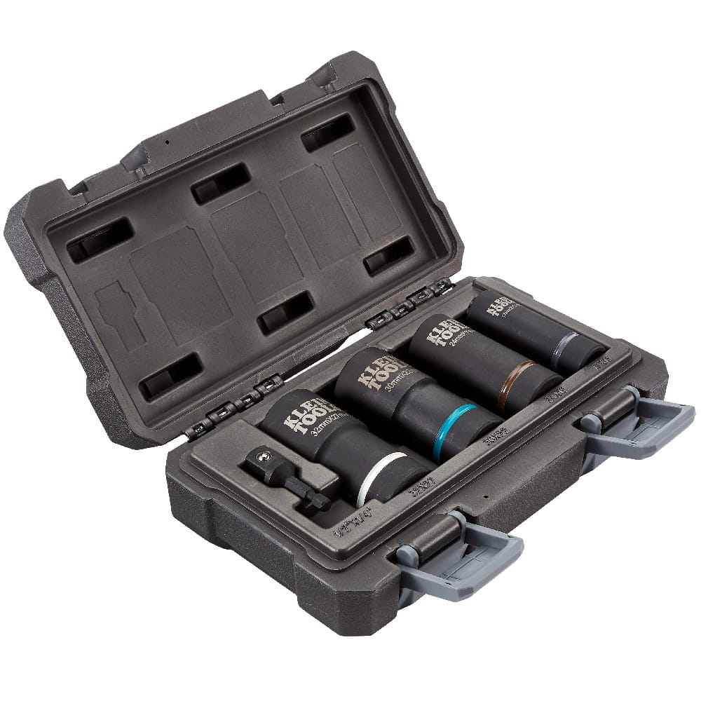 Open molded storage case organizing the Klein 66050E 5-piece impact set with four coaxial spring-loaded sockets and a 1/4-inch hex adapter.