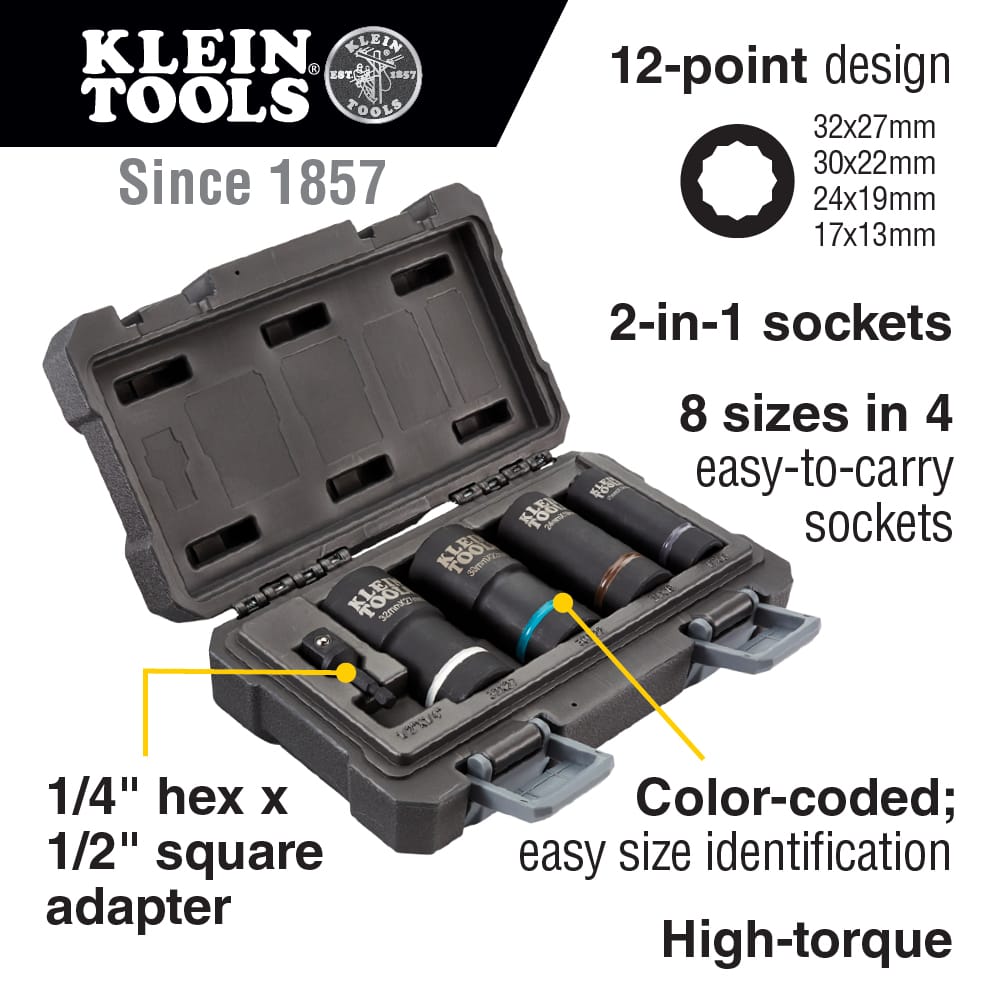 Diagram detailing 8 metric socket sizes in 4 coaxial bodies, 12-point design, and 1/4-inch hex to 1/2-inch square drive conversion capability.
