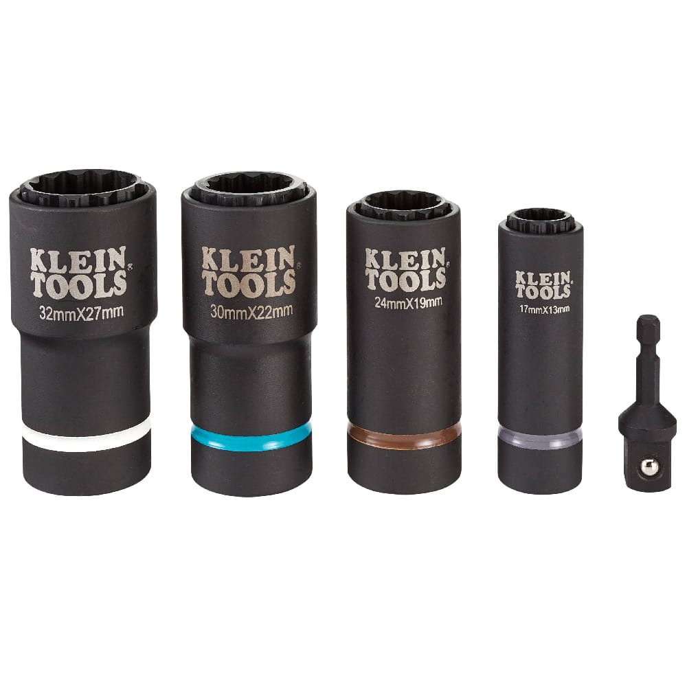 Four 12-point coaxial metric impact sockets and drive adapter lined up to display laser-etched metric size markings and color-coded identification bands.