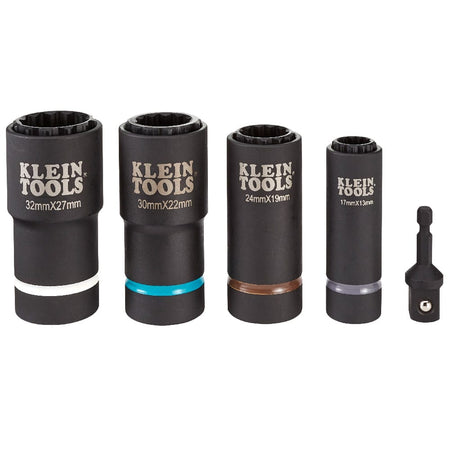 Four 12-point coaxial metric impact sockets and drive adapter lined up to display laser-etched metric size markings and color-coded identification bands.