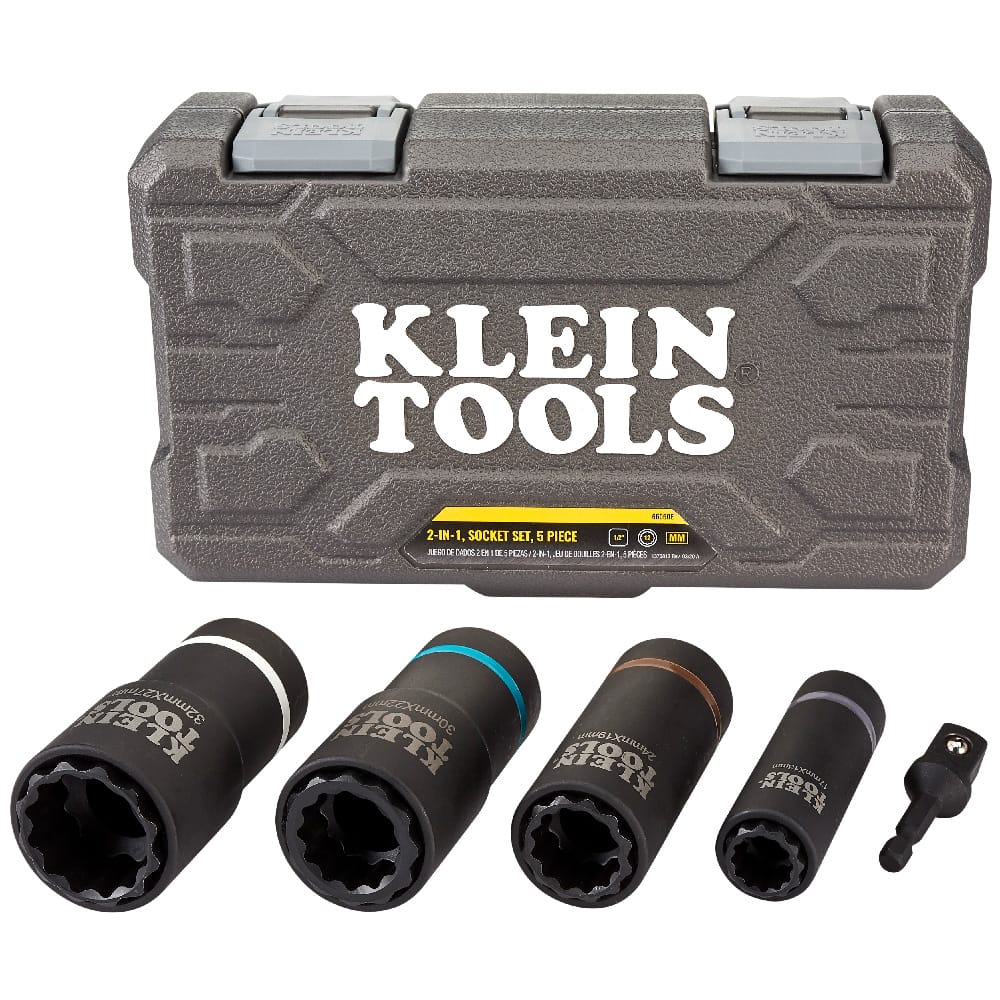 Open molded storage case resting behind four coaxial metric impact sockets and a 1/4-inch hex to 1/2-inch square drive adapter.