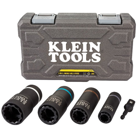 Open molded storage case resting behind four coaxial metric impact sockets and a 1/4-inch hex to 1/2-inch square drive adapter.