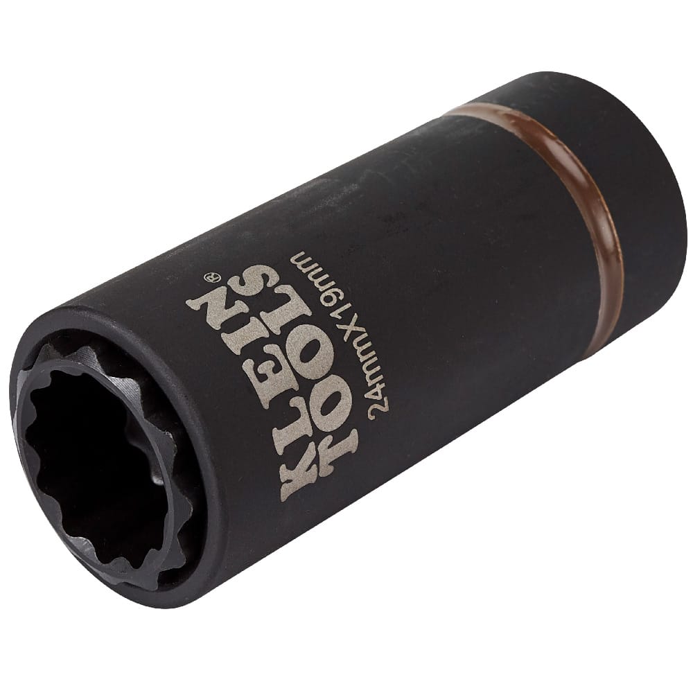 Close-up perspective of the Klein 24mm by 19mm coaxial spring-loaded 12-point impact socket showing its internal sleeve mechanism.