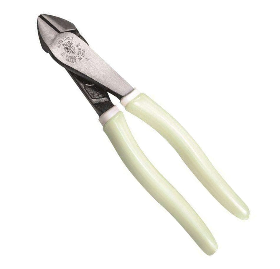 Studio view of the Klein Tools high-leverage diagonal cutting pliers featuring light green glow-in-the-dark handles and a polished black oxide steel head.