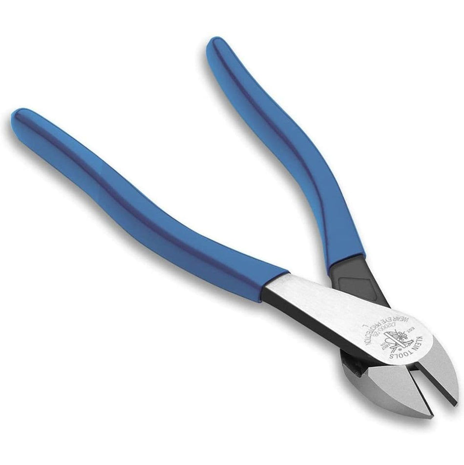 Image of Klein Diagonal Cutting Pliers, Angled Head, 8-Inch D2000-48. This is an angled, top-down view of a pair of open pliers against a white background. The pliers have bright blue handles and silver and black jaws with rounded cutting edges.