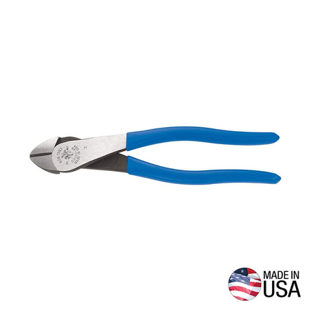 A high-leverage product shot of Klein Tools D2000-48 heavy-duty diagonal cutting pliers, showcasing the angled head design and blue plastic-dipped handles for maximum cutting and gripping power in confined spaces.