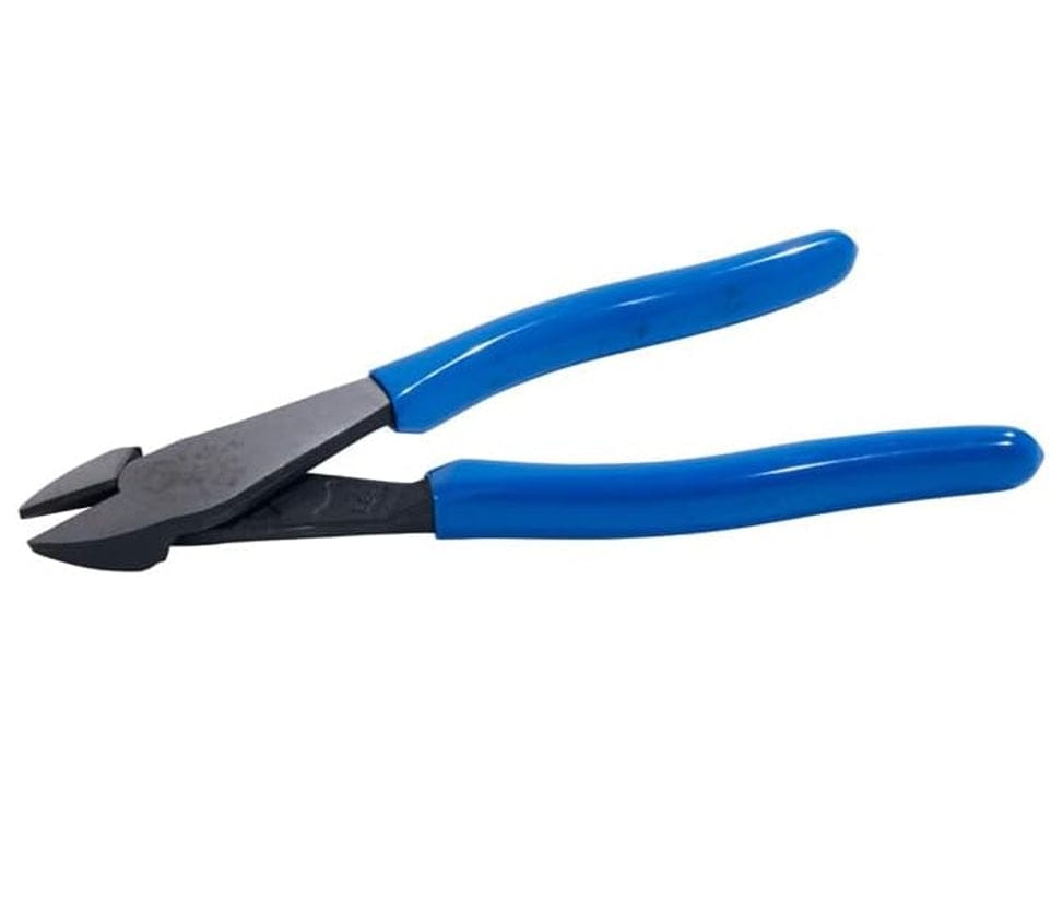 A side-angle view of the open Klein D2000-48 diagonal cutting pliers, displaying the short jaws and induction-hardened knives precision-engineered for close cutting of screws and nails.