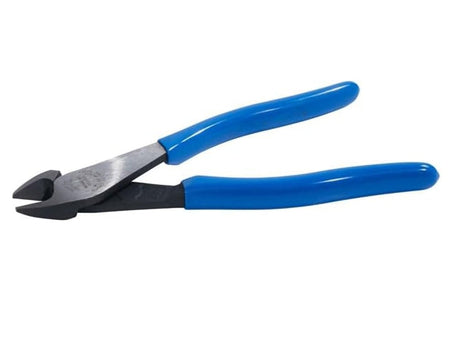 A side-angle view of the open Klein D2000-48 diagonal cutting pliers, displaying the short jaws and induction-hardened knives precision-engineered for close cutting of screws and nails.
