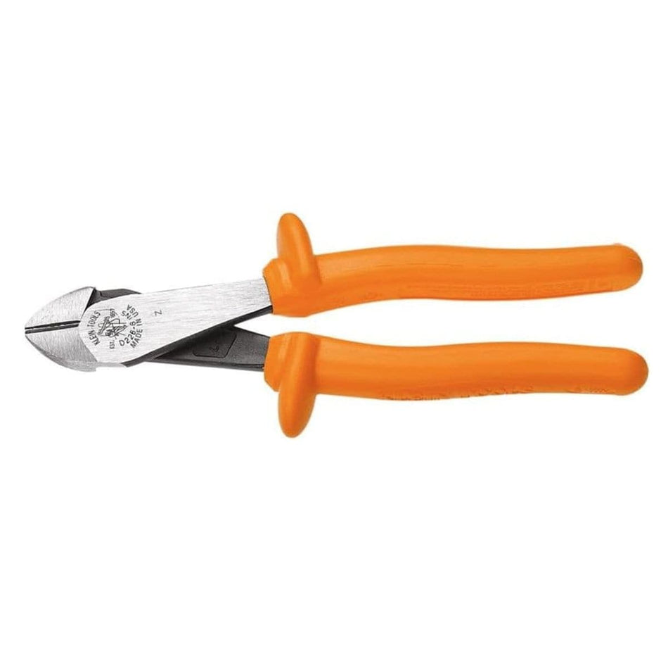 Image of Klein Diagonal Cutting Pliers, Insulated, High Leverage, 8-Inch D228-8-INS. The image shows a pair of pliers with bright orange handles, positioned horizontally against a light background. The pliers have metal jaws with a curved, cutting edge, and the handles appear to be slightly open.  The brand name "Klein Tools" is visible on the metal part of the pliers.