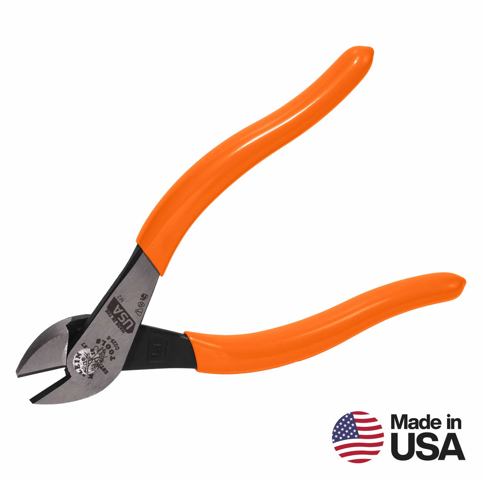Front-facing product shot of the Klein Tools diagonal cutters, highlighting the custom US-made steel construction and the high-leverage design where the rivet is positioned closer to the blades for 36% greater cutting power.