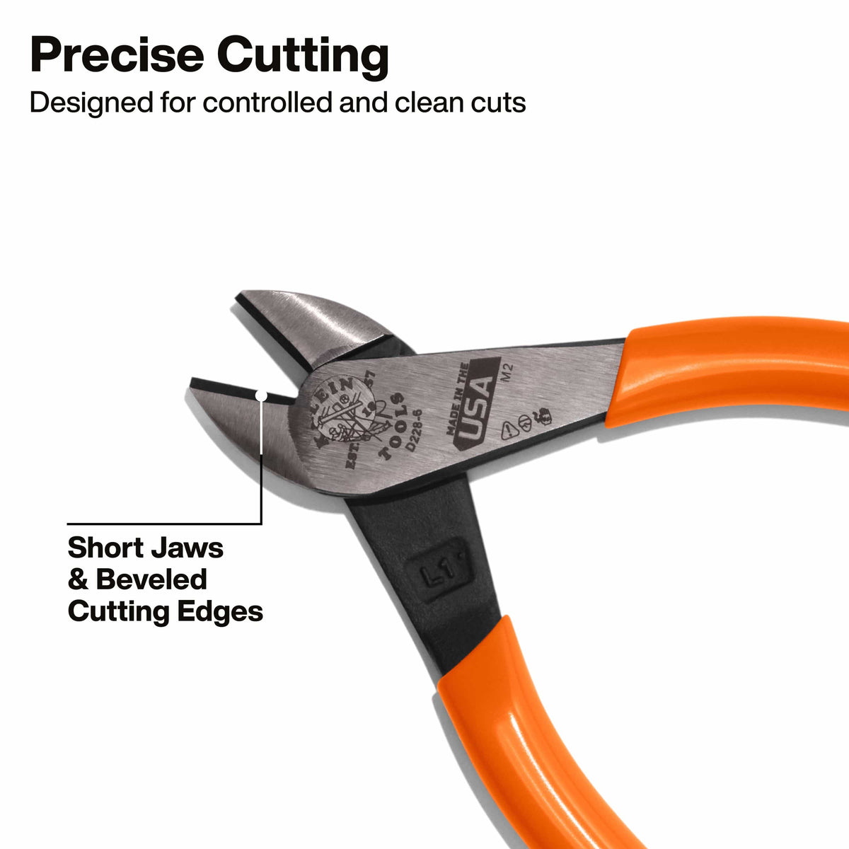 A technical graphic titled Precise Cutting, showcasing the short jaws and beveled cutting edges of the D2286 pliers, engineered specifically for controlled and clean cuts in tight or confined electrical spaces.