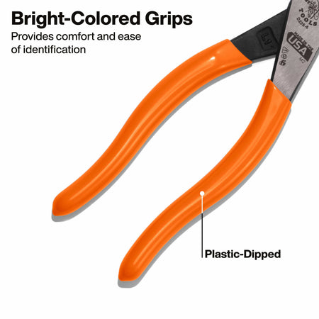 Detailed view of the bright-colored orange grips, illustrating the professional plastic-dipped finish that provides user comfort and easy tool identification on high-activity jobsites.