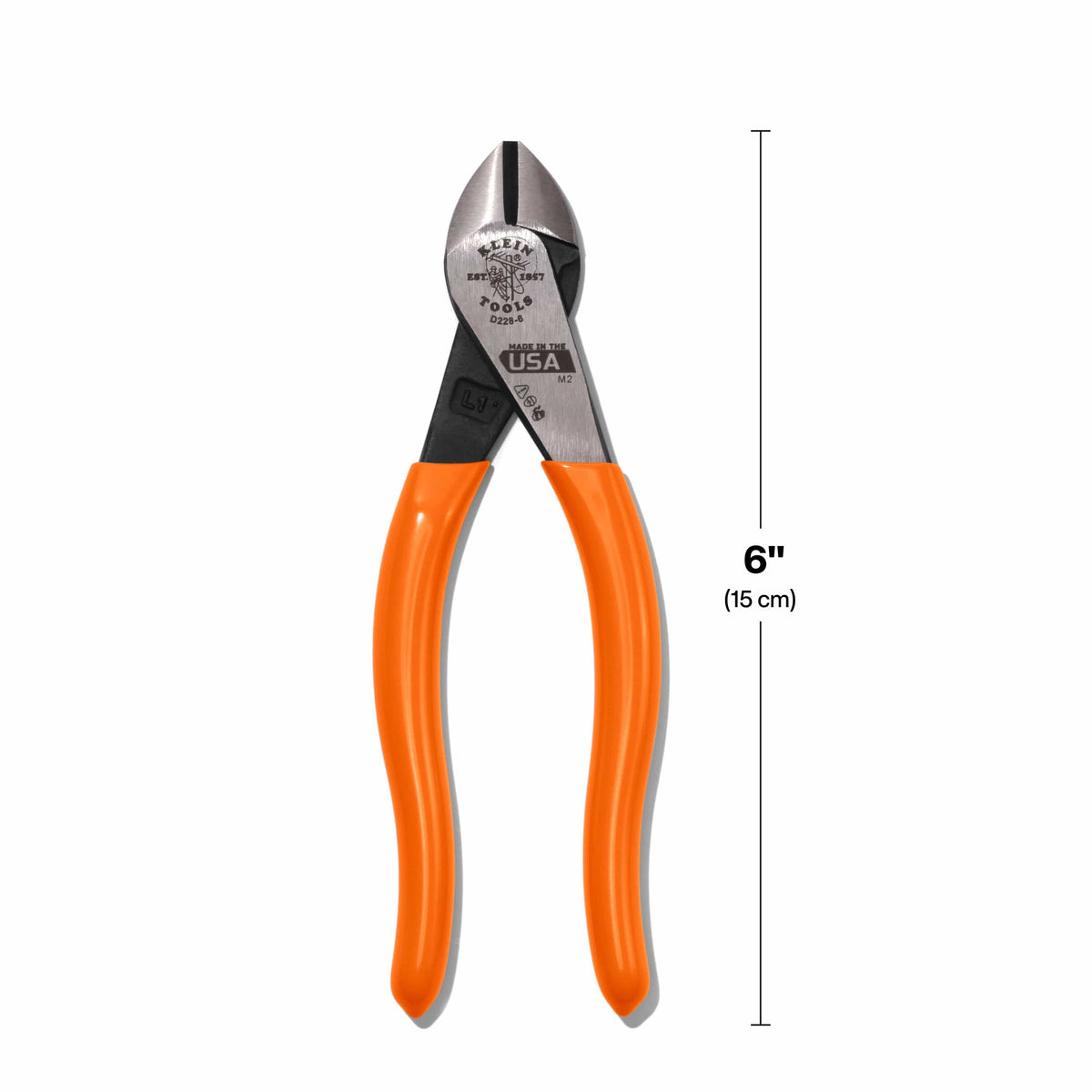 A dimension reference graphic showing the full-length view of the Klein Tools D2286 high-leverage pliers, confirming the professional 6-inch (15 cm) size for precision electrical and general-purpose cutting.