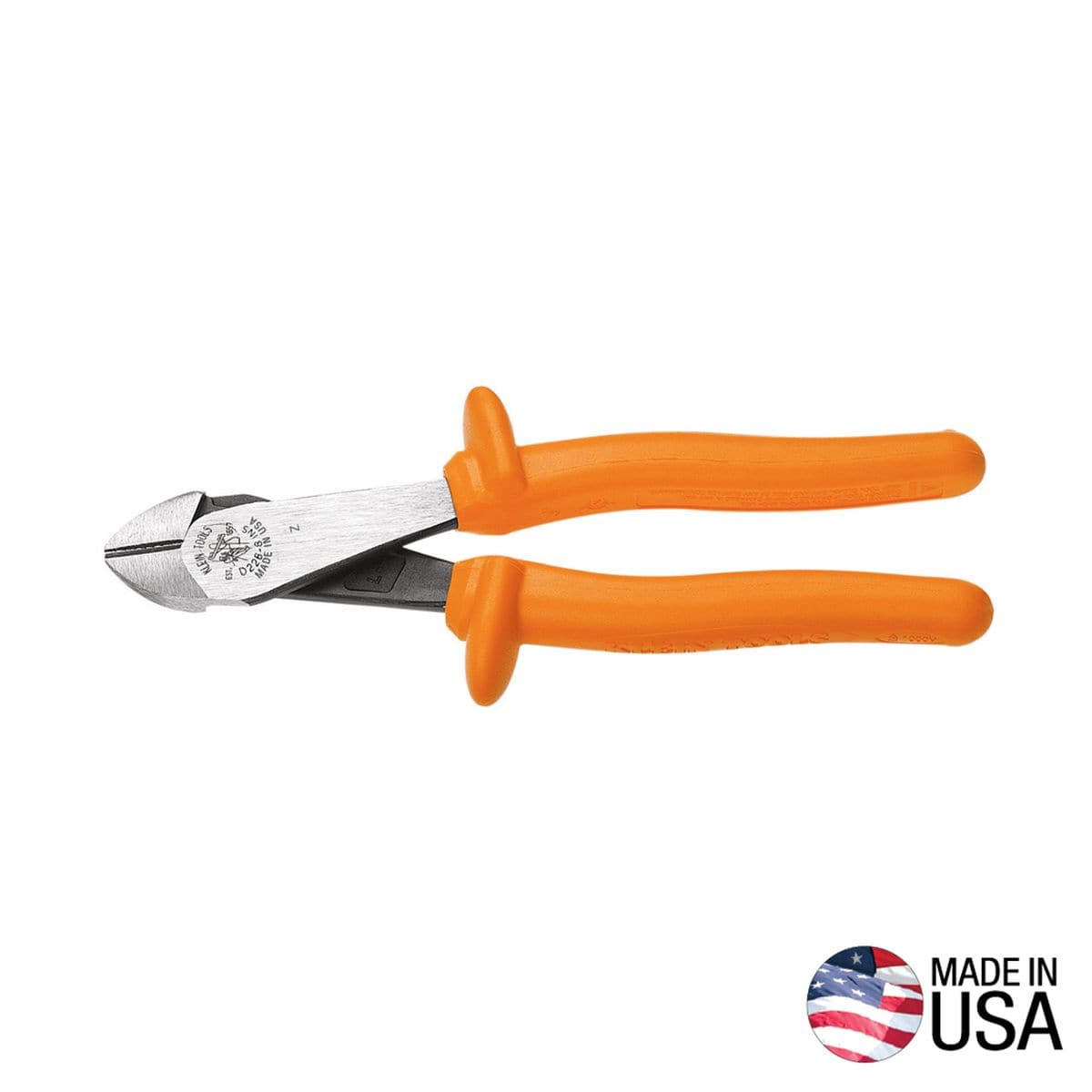 Klein Tools D2288INS 1000V insulated diagonal cutting pliers shown in a full horizontal layout profile on a white background, highlighting the high-leverage tapered steel jaws, hot-riveted pivot joint, bright orange handles with integrated safety thumb guards, and a circular Made in USA badge.