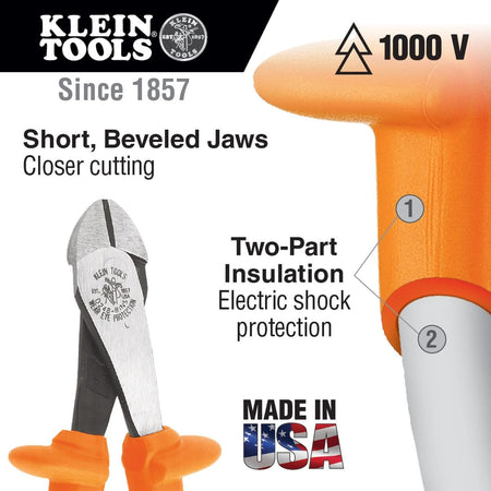 Klein Tools high-leverage diagonal cutters product feature infographic calling out short beveled jaws for closer wire cutting, a 1000V voltage rating, and a two-part insulation system for electric shock protection illustrating the orange outer coating layered over a white inner substrate core, finalized with a textured Made in USA flag icon.
