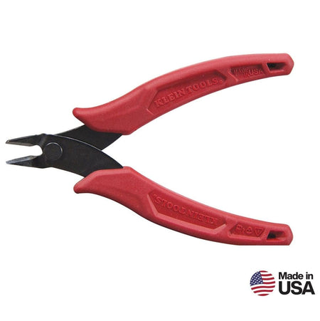 A perspective view of the Klein Tools D2755 precision flush cutter, featuring slim black heat-treated steel jaws and red textured handles.