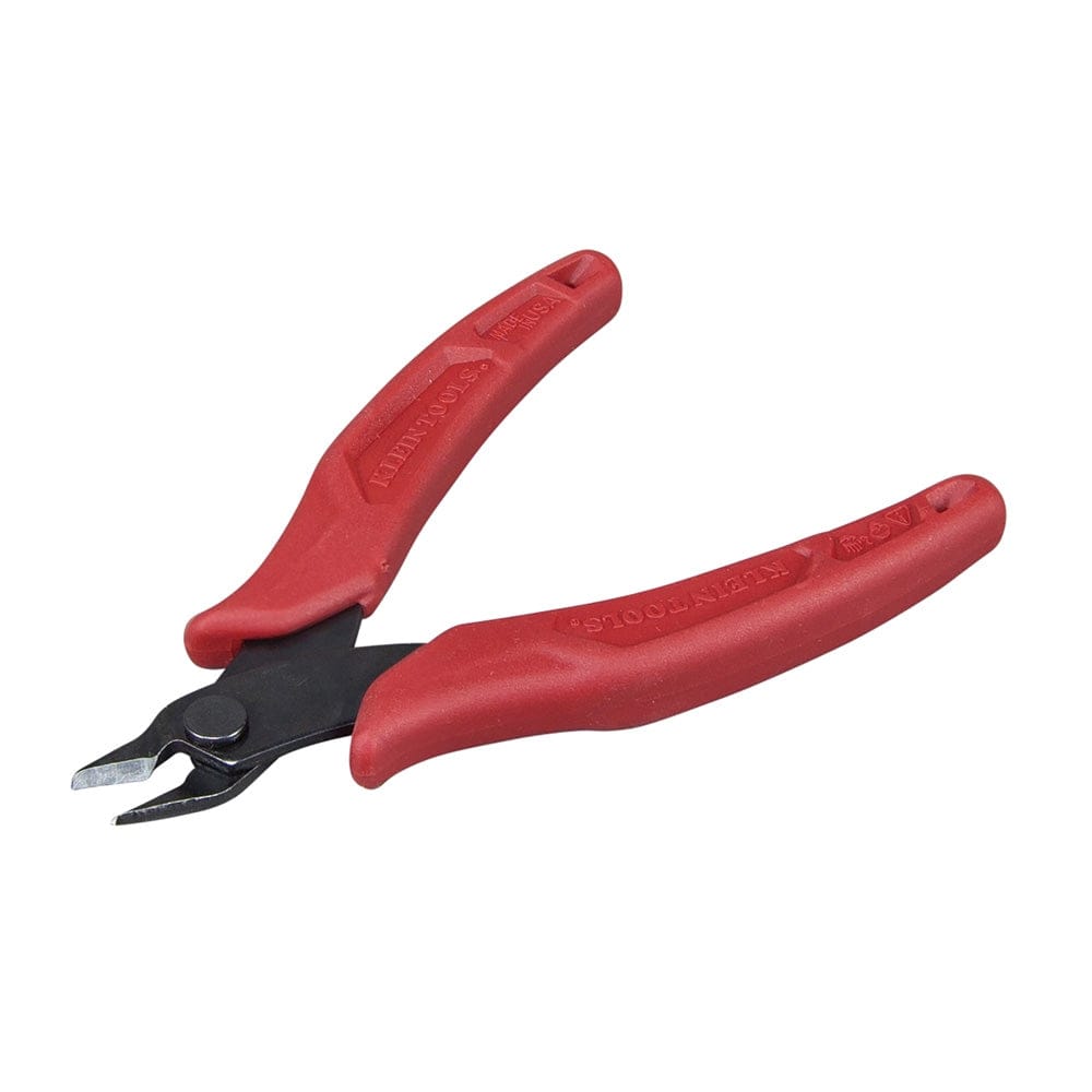 A top-down view of the lightweight 5-inch diagonal cutting pliers, showcasing the slim profile of the steel head and the ergonomic span of the red textured handles.