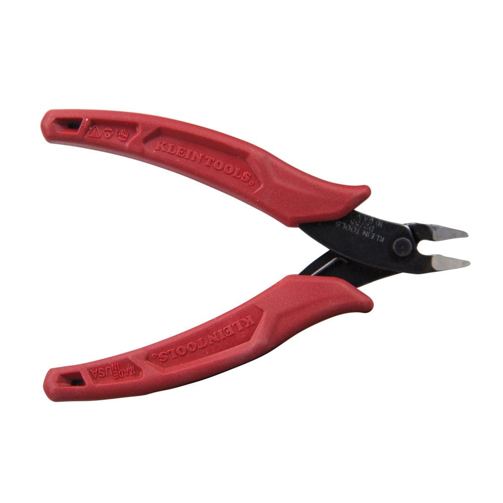 A top-down view of the lightweight 5-inch diagonal cutting pliers, showcasing the slim profile of the steel head and the ergonomic span of the red textured handles.