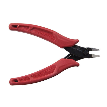 A top-down view of the lightweight 5-inch diagonal cutting pliers, showcasing the slim profile of the steel head and the ergonomic span of the red textured handles.