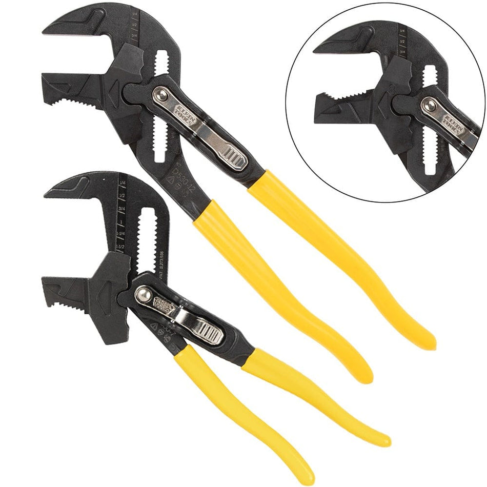 A 2-piece Klein Tools adjustable parallel jaw plier wrench set featuring 7-inch and 10-inch sizes with yellow comfort-grip handles and a circular inset showing the unique reversible jaw mechanism.